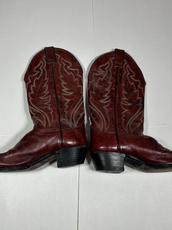 VTG JUSTIN BURGUNDY RED LEATHER ROUND TOE COWBOY BOOTS #j 6728 MEN SZ 8.5 D USA main image 6